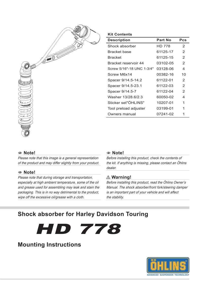 โช๊คหลังแต่ง Ohlins HD778 For Harley-Davidson FL Touring (Road King, Street Glide, Electra Glide etc) 12" ปี 2014-2024