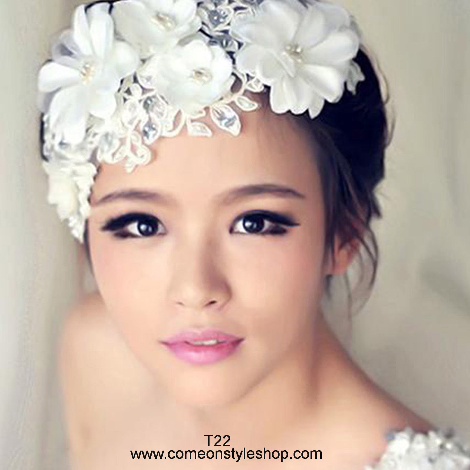 ดอกไม้ผ้าประดับผม ประดับผมเจ้าสาว ออกงาน การแสดง (ขาว) Pearl Beard Flower Bridal Wedding Headwear Handmade Hair Accessories T22