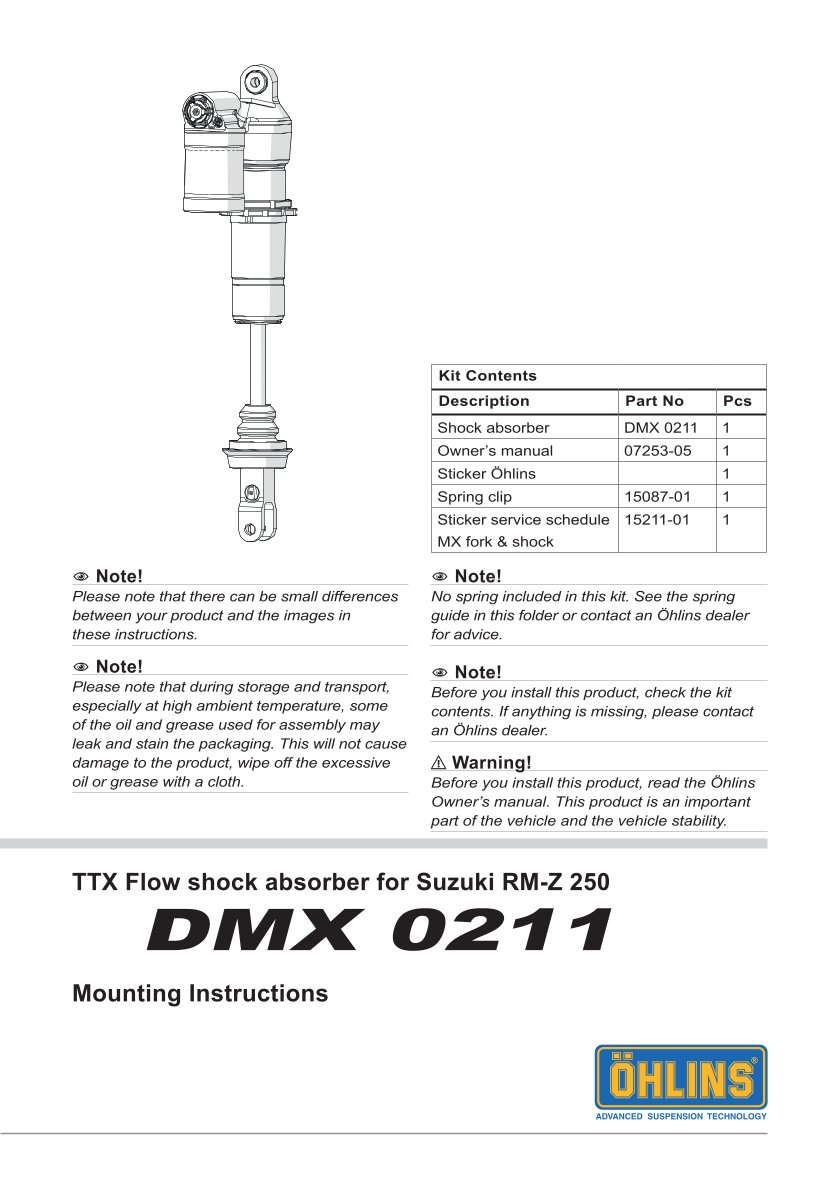 โช๊คหลังแต่ง Ohlins DMX0211 For Suzuki RM-Z 250 ปี 2018-2024