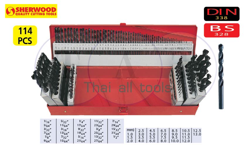 ชุดดอกสว่านเจาะเหล็ก (mm, inch) SET OF 114 HSS MET/IMP JOBBER DRILLS SHERWOOD