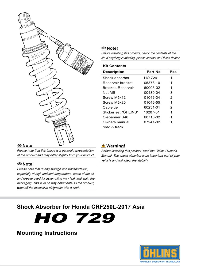 โช๊คหลังแต่ง Ohlins HO729 For Honda CRF250L (Asian Version) ปี 2017-2020