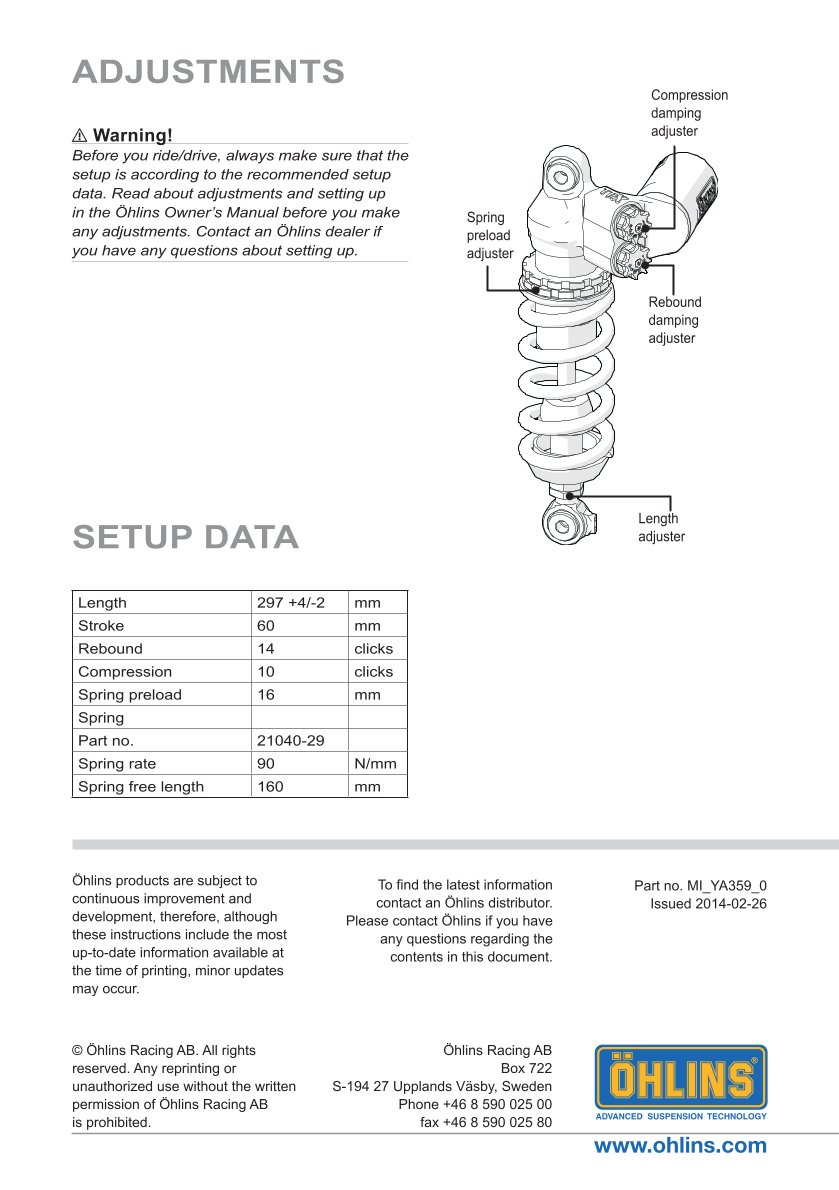 โช๊คหลัง OHLINS Sweden YA359 Yamaha YZF-R1 2009-2014