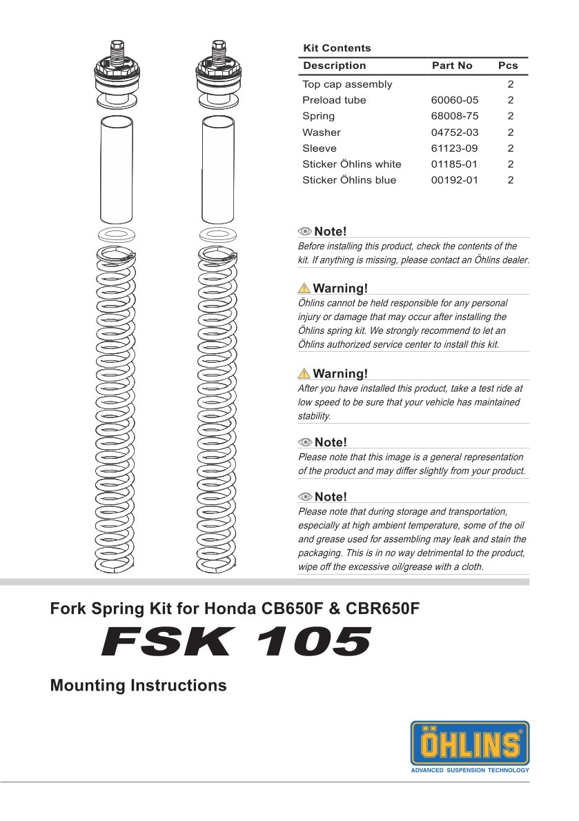 สปริงโช๊คหน้า OHLINS FSK105 FOR HONDA CB650F/CBR650F โช๊ค โช๊คแต่ง โช๊คมอเอตร์ไซค์