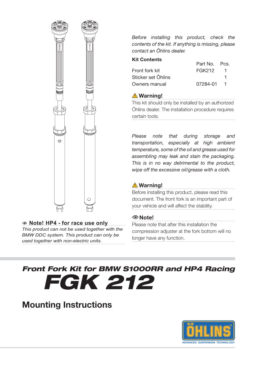 สปริงโช้คหน้า Ohlins FGK212 For BMW S 1000 RR HP 4 2013-2014