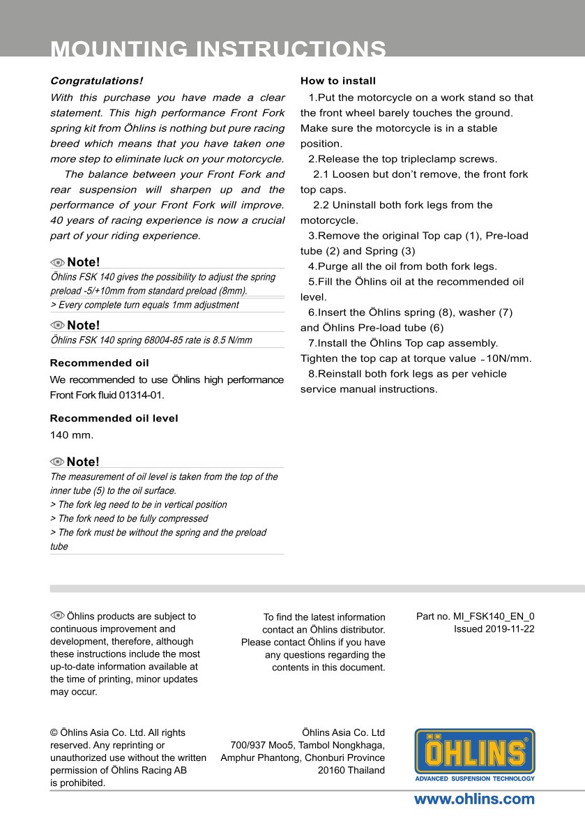 สปริงโช้คหน้า Ohlins FSK140 ForHonda CBR500R 2019-2020