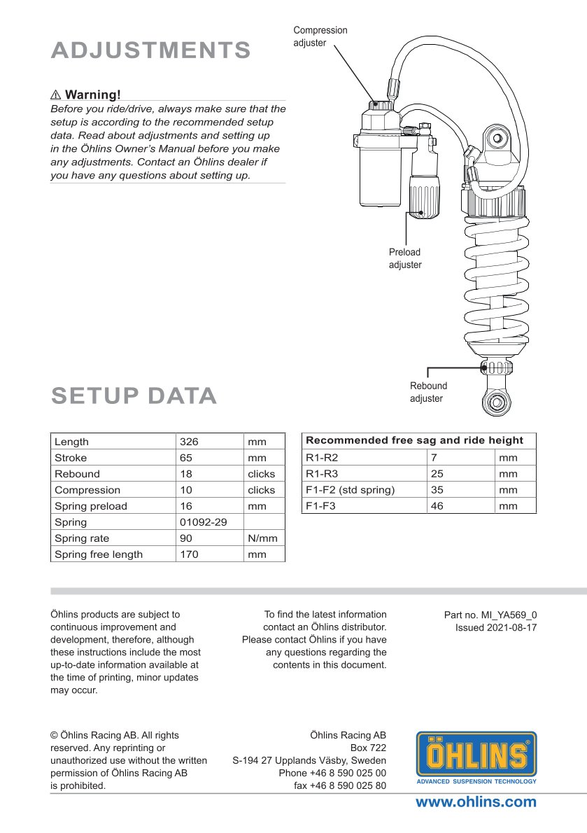 โช๊คหลังแต่ง Ohlins YA569 For Yamaha MT-09 (FZ-09) ปี 2021-2023