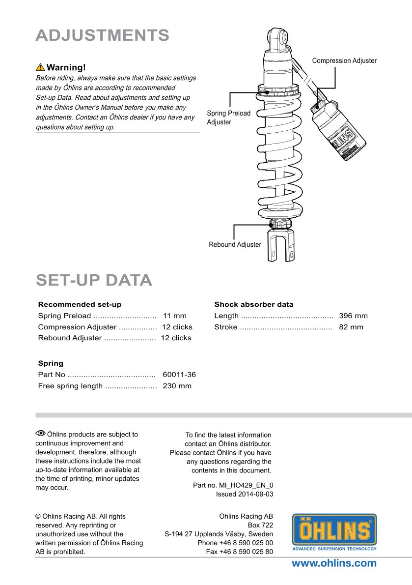 โช๊คหลังแต่ง Ohlins HO429 For Honda CRF250M ปี 2012-2016
