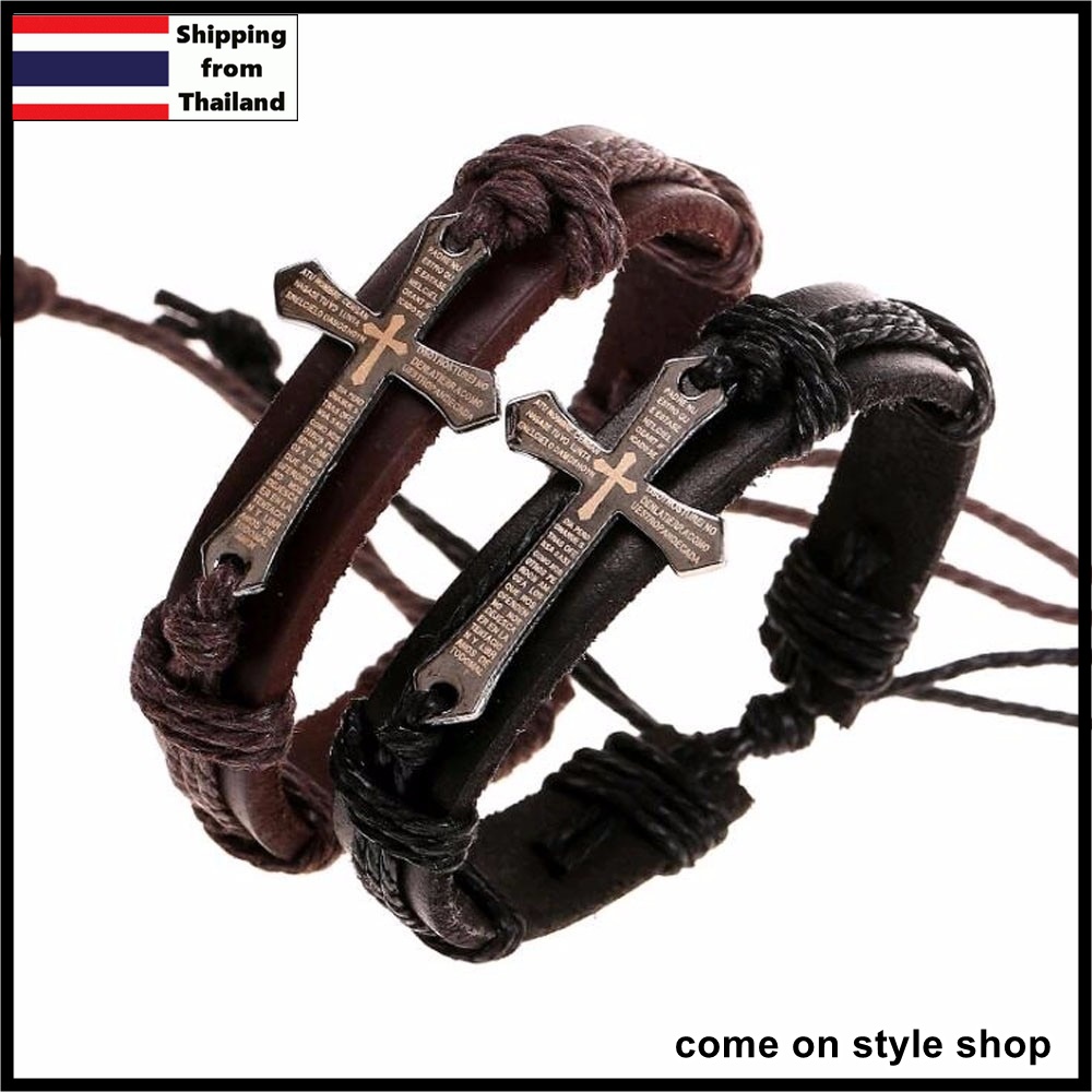สร้อยข้อมือหนังประดับไม้กางเขน สร้อยข้อมือพังค์ร็อก สร้อยข้อมือไบค์เกอร์ โกธิค Punk Rock Gothic Jesus Cross Leather Bracelet