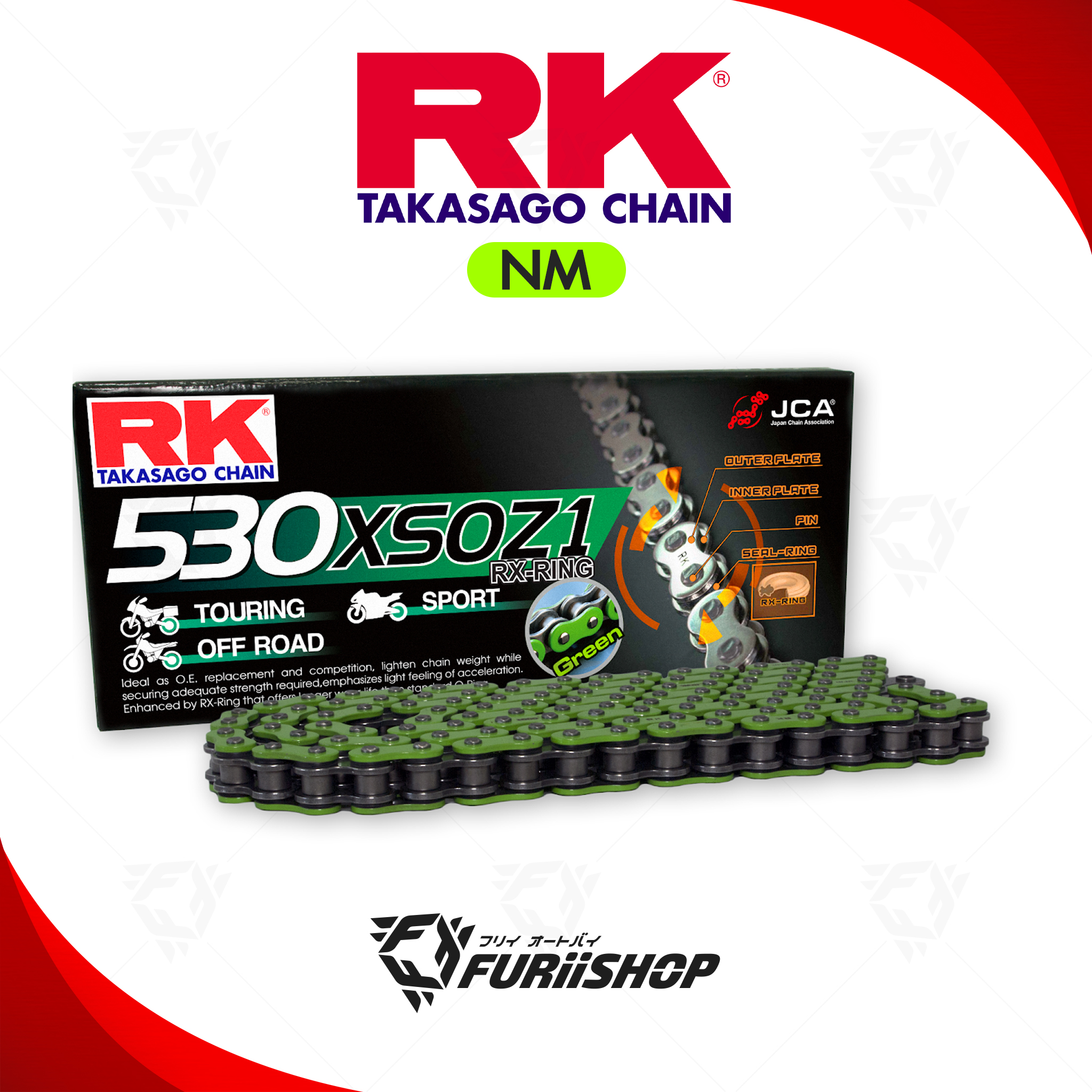 โซ่ RK แท้ 530XSO RX-Ring Chain NM530XSO-120L (สีเขียว Neon) สำหรับรถมอเตอร์ไซค์ 400-1000cc