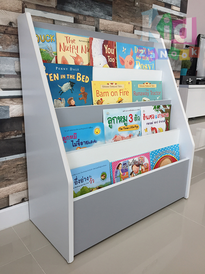 ชั้นวางหนังสือ ชั้นวางหนังสือเด็ก ชั้นวางหนังสือโชว์ปก ชั้นวางหนังสือเด็กสีเทา-ขาว