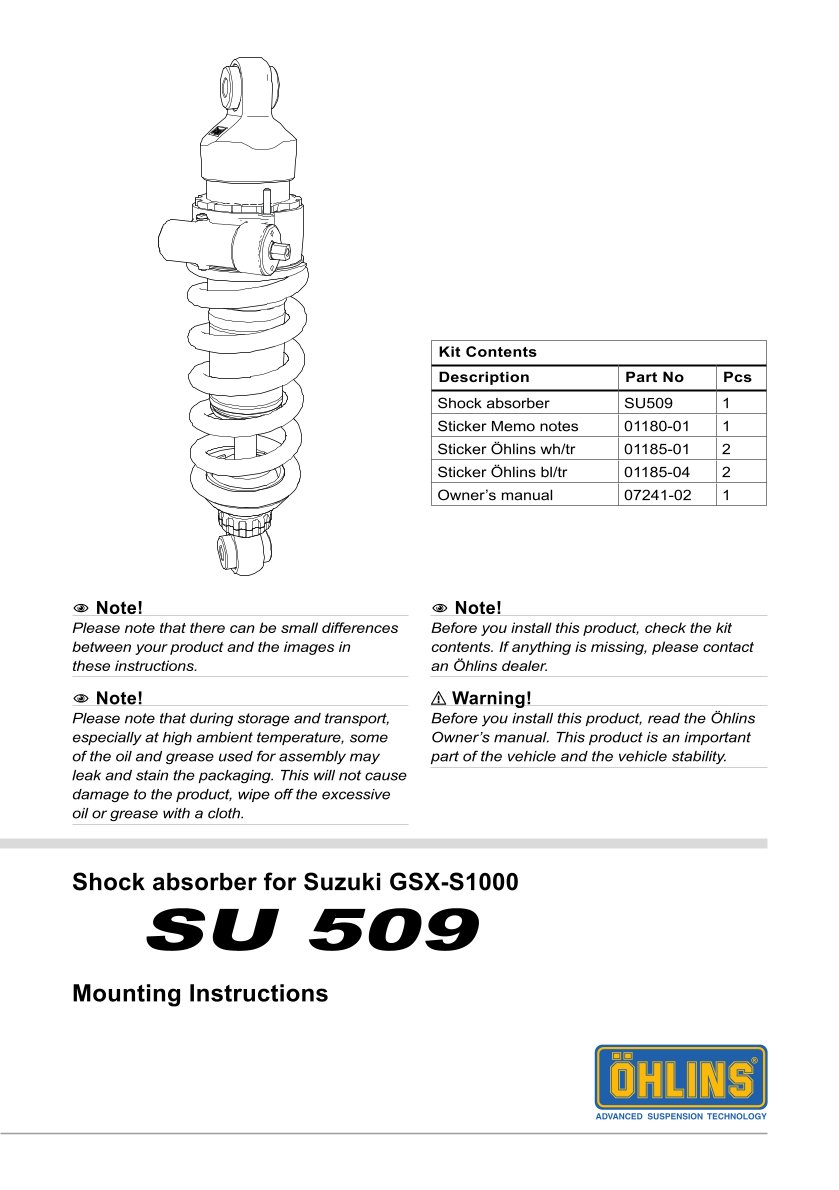 โช๊คหน้า โช๊คอัพ โช๊คแต่ง โช๊คมอเอตร์ไซค์ OHLINS SU509 STX46 STREET FOR SUZUKI GSX-S1000 2015-2017