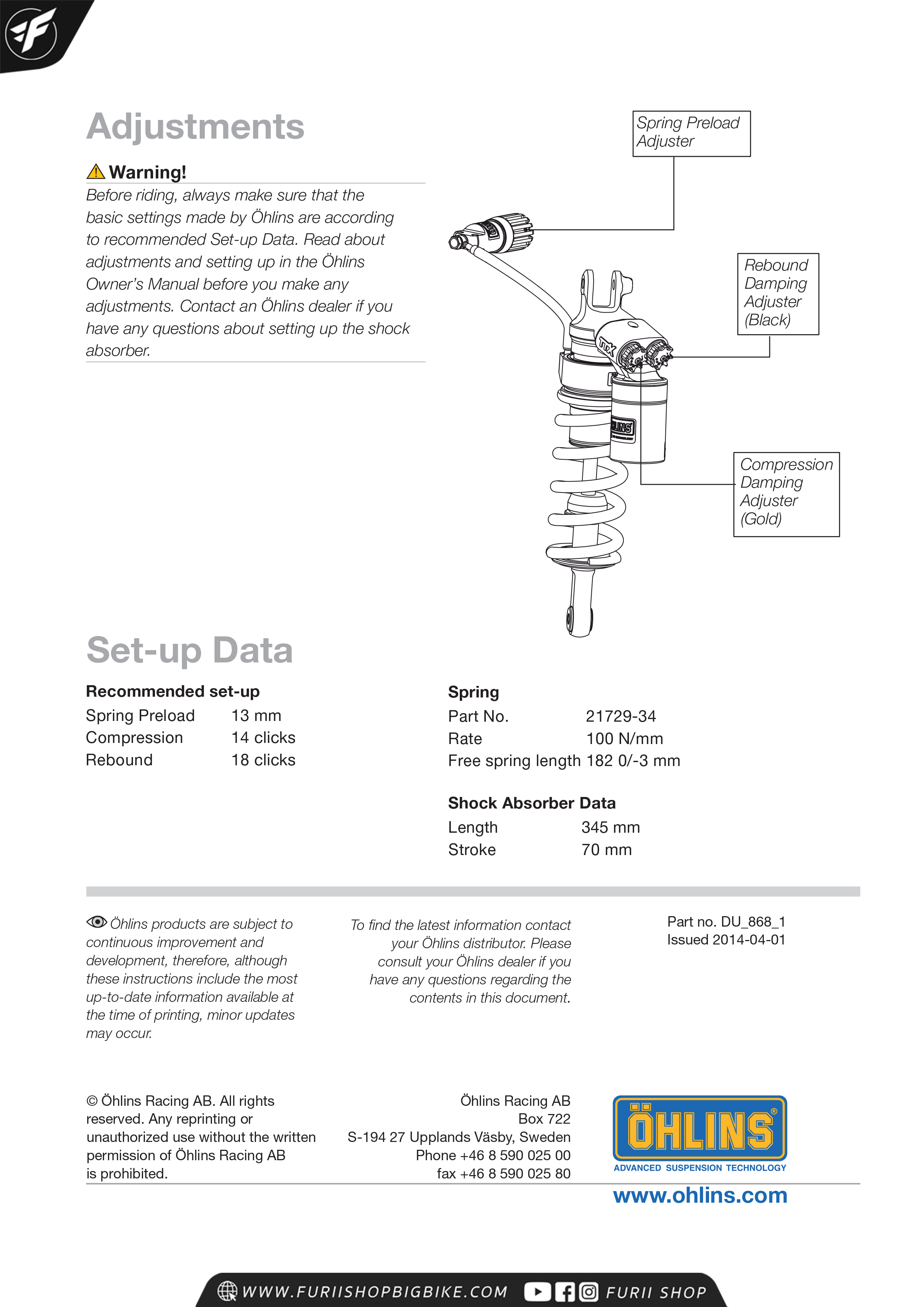 โช๊คหลัง OHLINS Sweden DU868 For Ducati Multistrada 2010-2014