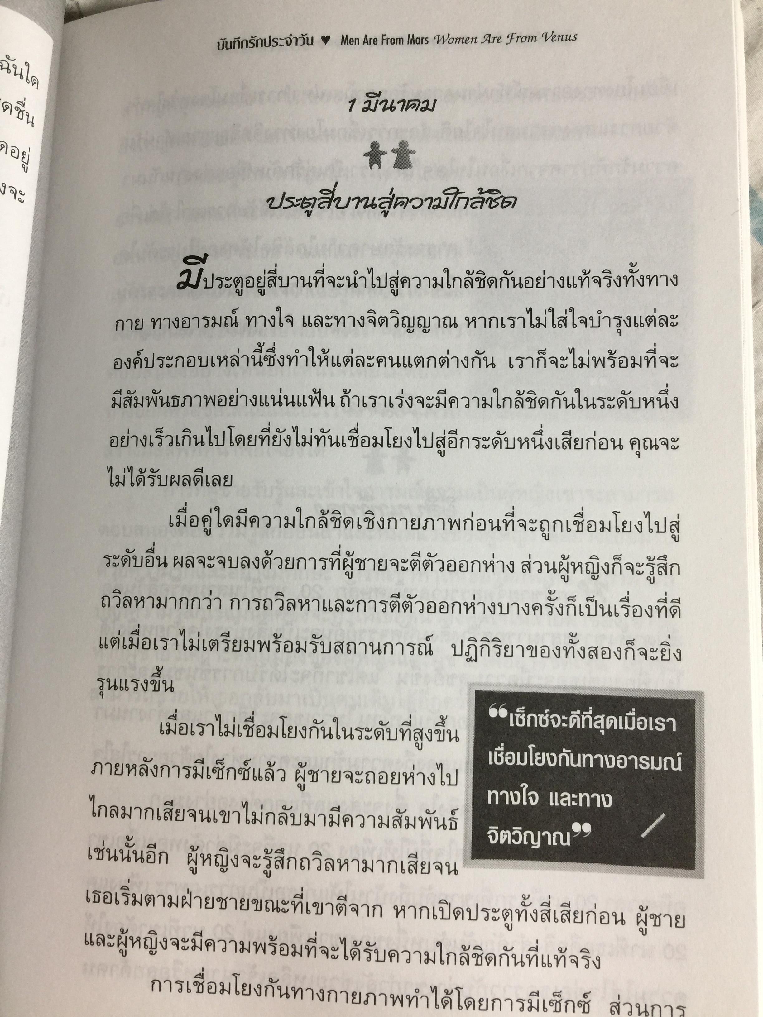 บันทึกรัก ประจำวัน MEN ARE FROM MARS Women are from Venus 365 แนวคิดรวมยอดจากเจ้าทฤษฎี Mars & Venus เพื่อความสัมพันธ์อันแนบแน่นของทุกคู่รัก. ผู้เขียน จอห์น เกรย์ ผู้แปล สิทธิพร ชื่นชุ่มจิตร์ 0 กก.
