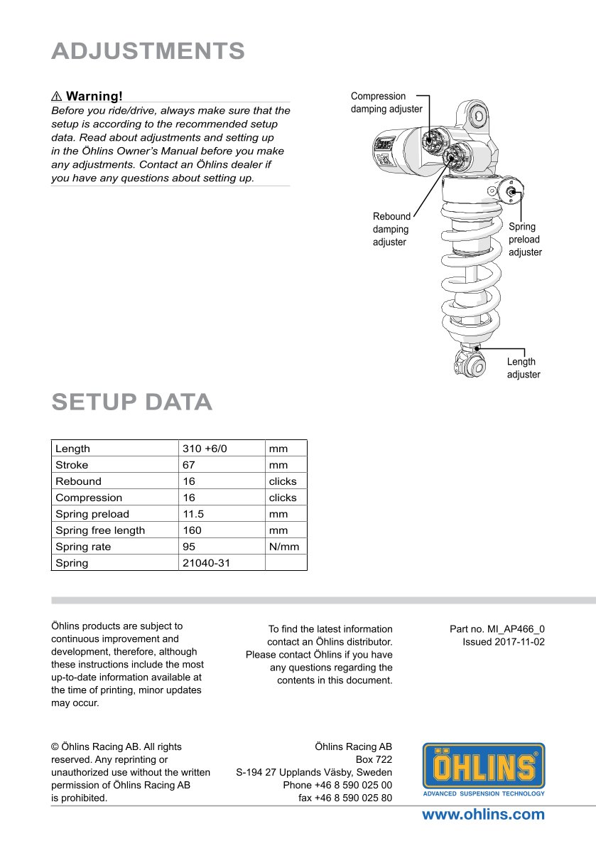 โช๊คหลังแต่ง Ohlins AP466 For Aprilia RSV4 1000 ปี 2009-2016