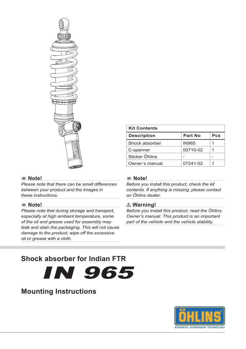 โช๊คหลังแต่ง Ohlins IN965 For Indian FTR 1200 S ปี 2021-2023