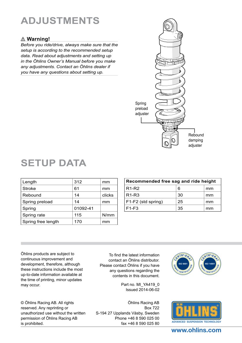 โช๊คหลังแต่ง Ohlins YA419 For Yamaha XSR 700/XTribute ปี 2016-2024