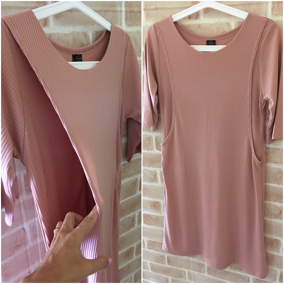 D14_[Size-XL-สีชมพูนู๊ด]_เดรสเปิดให้นมผ้าร่องแขนกระบอกคอปาด+ใส่คลุมท้องได้