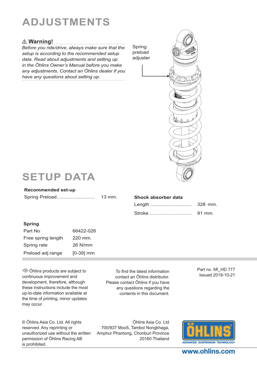 โช๊คหลังแต่ง Ohlins HD777 For Harley-Davidson FL Touring (Road King, Street Glide, Electra Glide etc) ปี 1990-2022