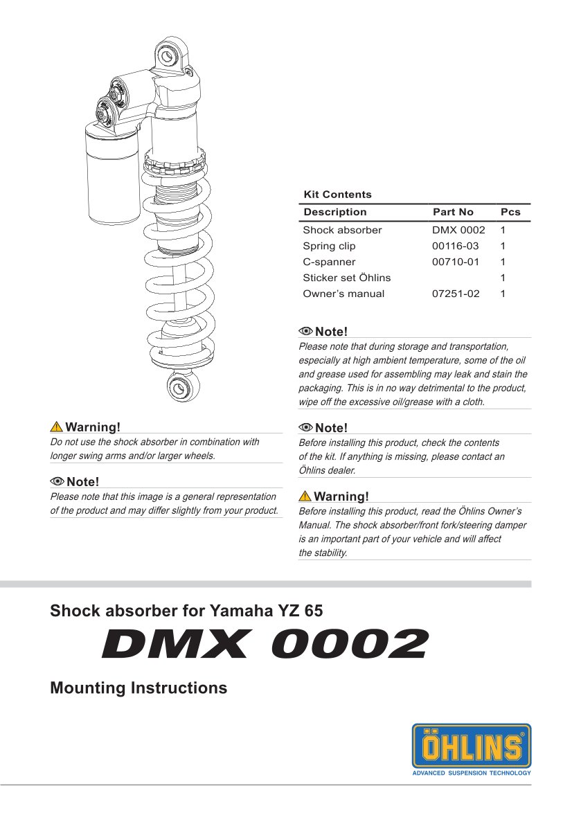 โช๊คหลังแต่ง Ohlins DMX0002 For Yamaha YZ 65 ปี 2018-2024