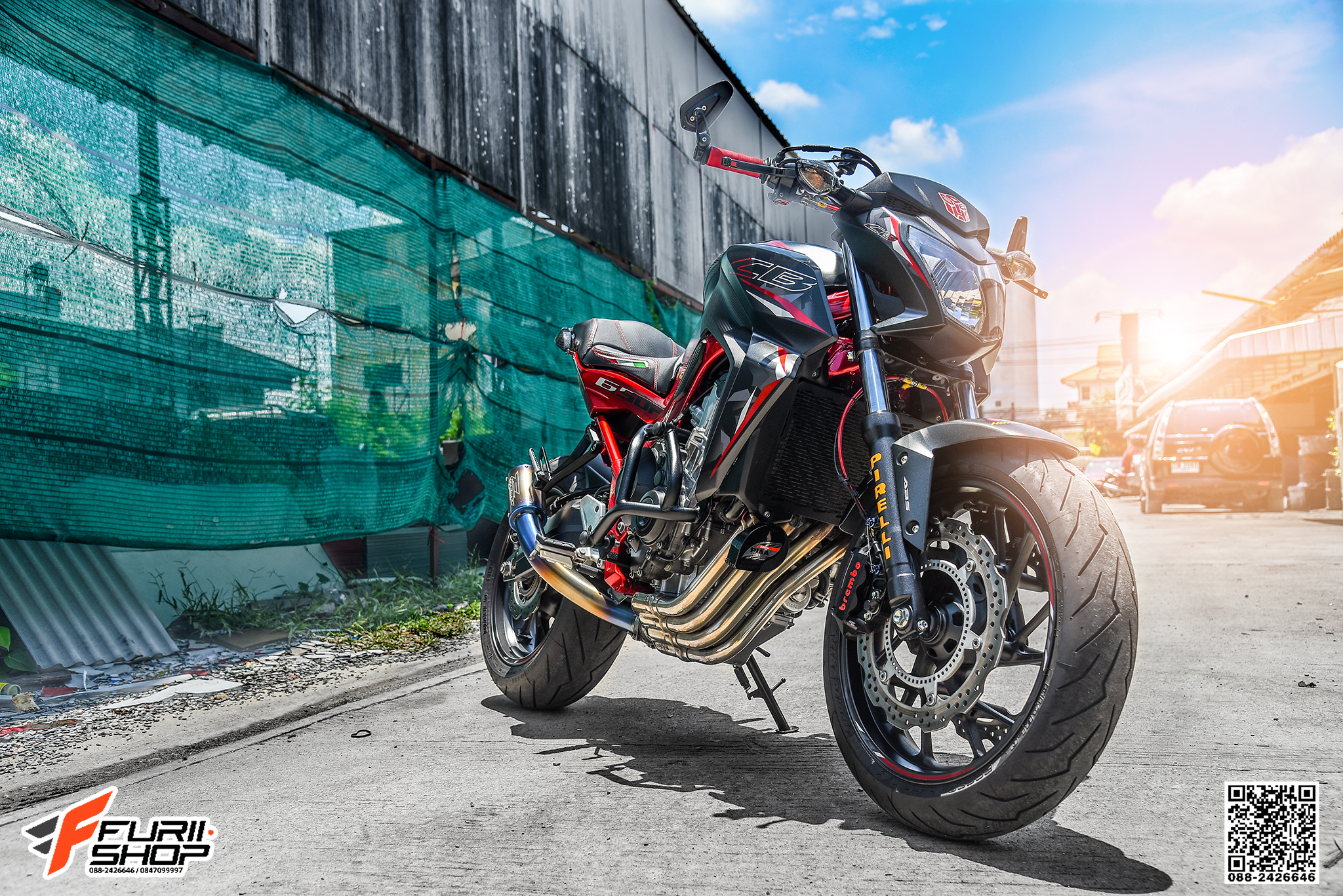 สายHEL HONDA CB500F เดิน3ทาง หน้า สายสีแดง หัวเบนโจสีเงิน