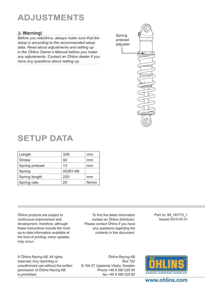 โช๊คหลังแต่ง Ohlins HD773 For Harley-Davidson FL Touring (Road King, Street Glide, Electra Glide etc) ปี 1990-2022