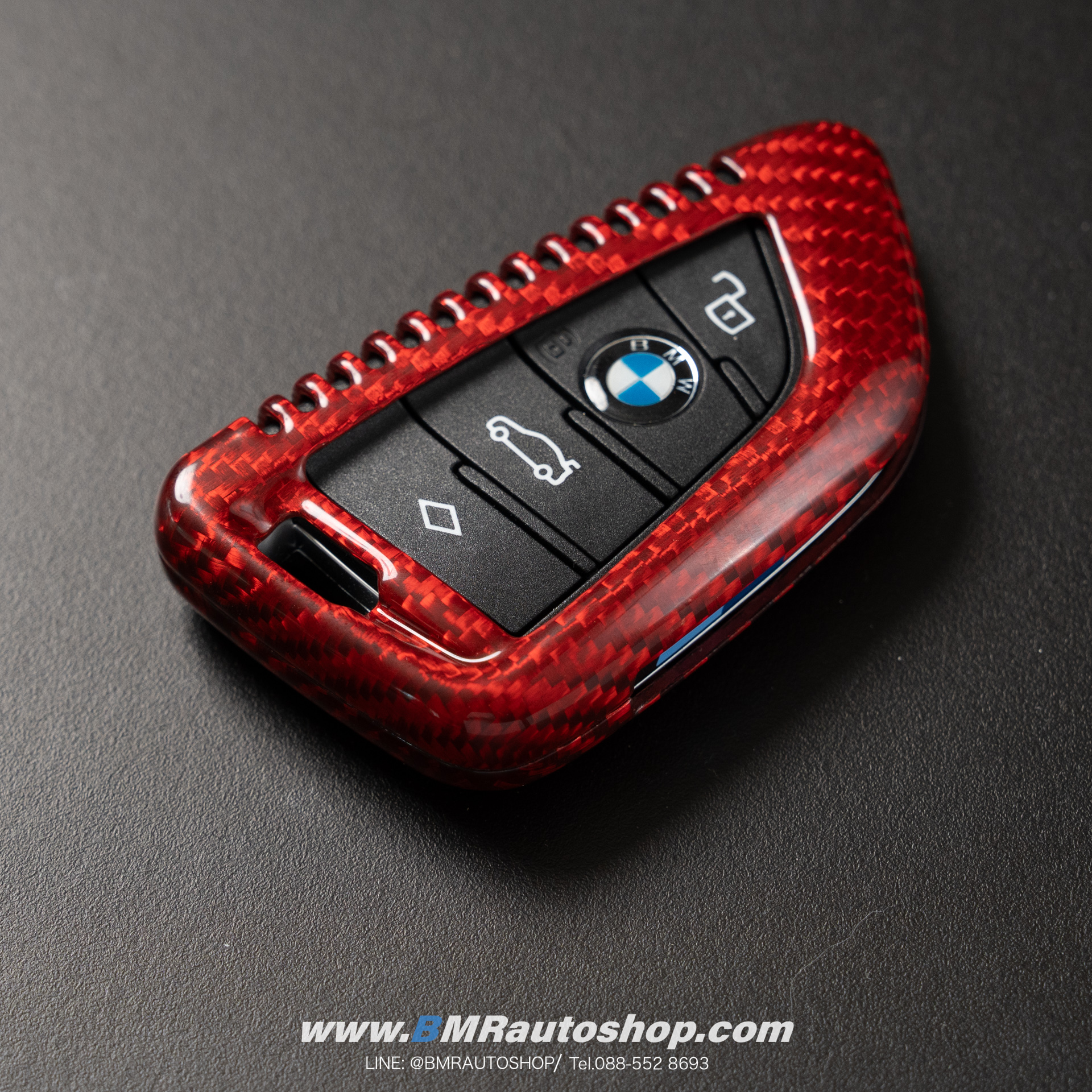 เคสกุญแจ BMW **คาร์บอนไฟเบอร์แท้สีแดง** (Carbon fiber) ทรงใบไม้ (รุ่นAC137)