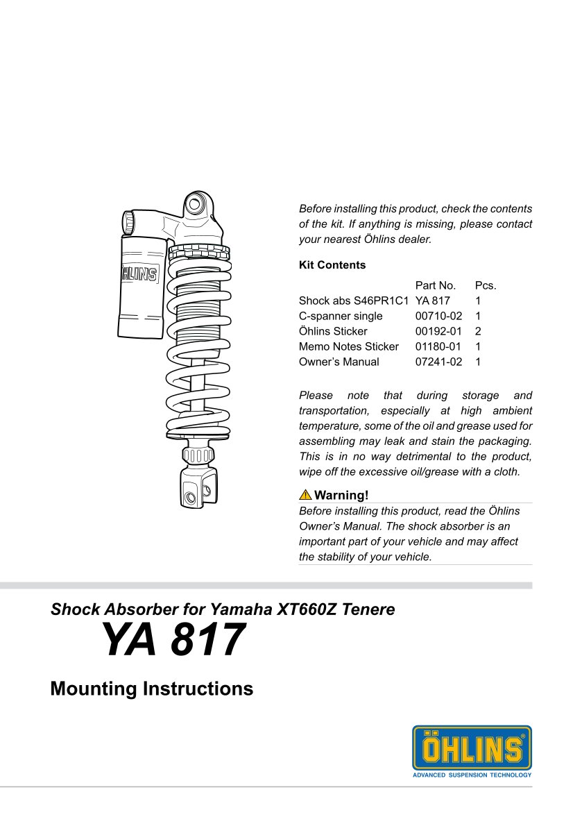 โช๊คหลังแต่ง Ohlins YA817 For Yamaha XT 660 Z Ténéré ปี 2008-2012