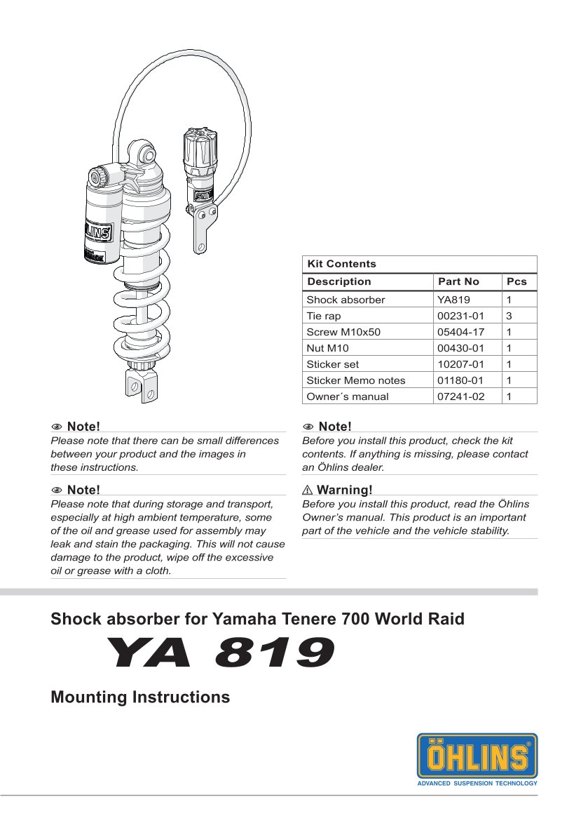โช๊คหลังแต่ง Ohlins YA819 For Yamaha Ténéré 700 Extreme ปี 2023-2024