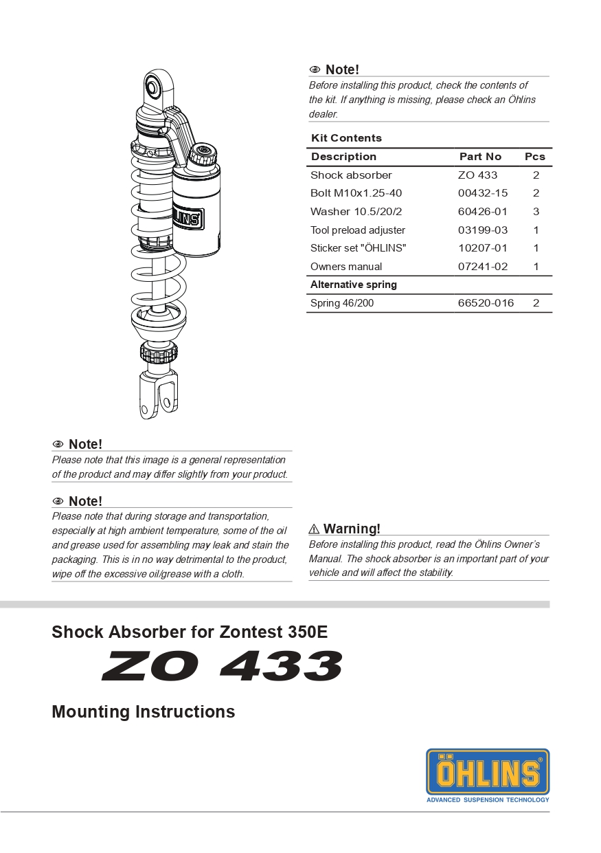โช๊คหลังแต่ง Ohlins ZO433 For Zontes 350E ปี 2024