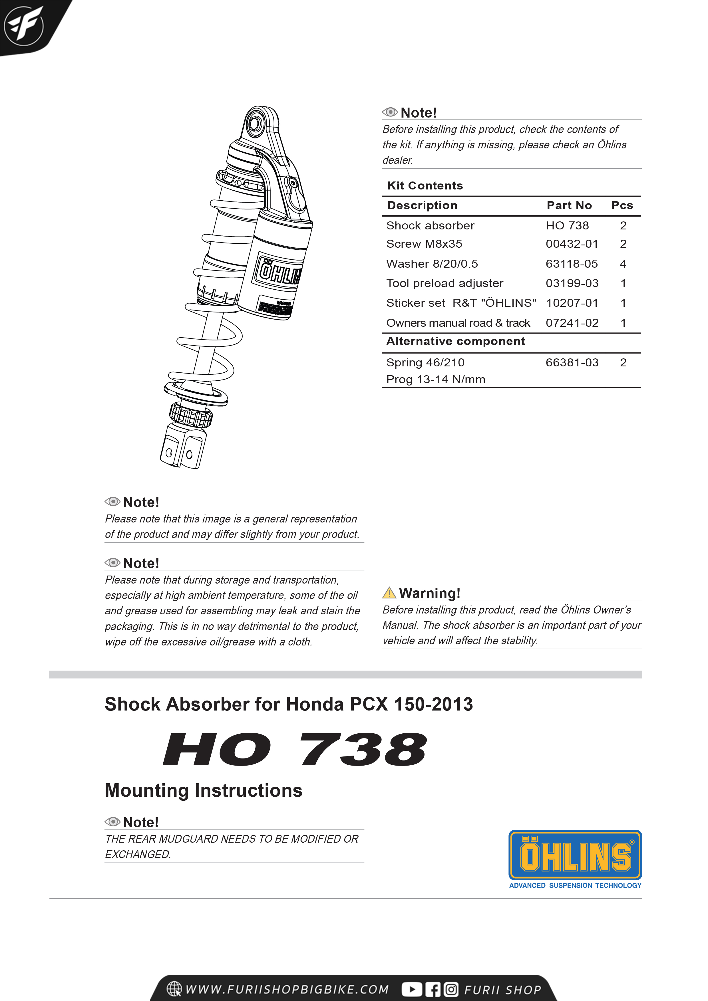 โช๊ค โช๊คอัพ โช๊คแต่ง โช๊คมอเอตร์ไซค์ OHLINS HO 738 FOR HONDA PCX150