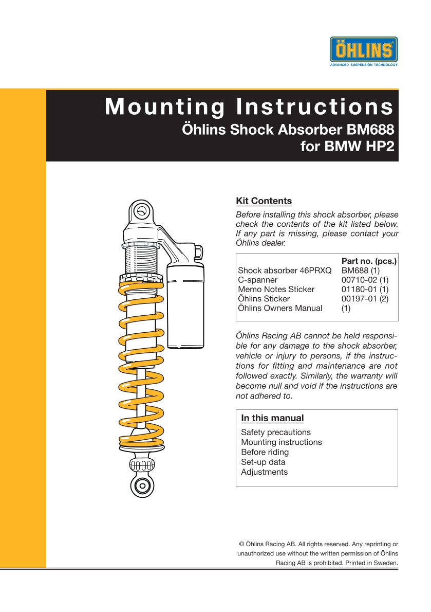 โช๊คหลังแต่ง Ohlins BM688 For BMW HP 2 Enduro ปี 2006