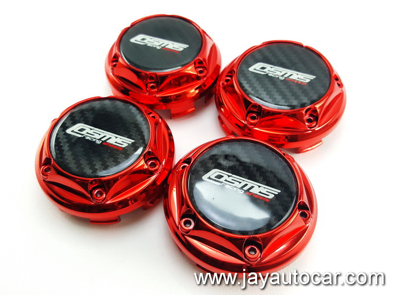 ฝาล้อรถยนต์ แม็กแต่ง ขนาด 73.5 มิล สำหรับ ล้อแม็ก โลโก้ COSMIS RACING WHEELS สีแดง 1ชุด 4ชิ้น 73.5mm.