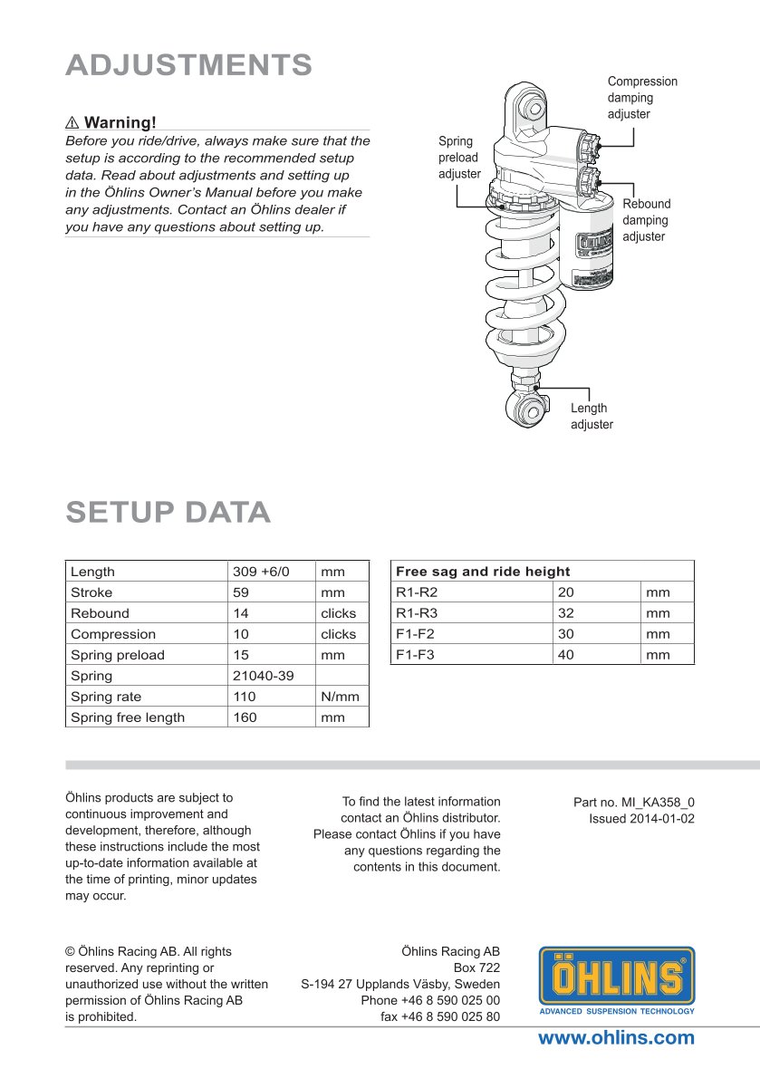 โช๊คหลัง OHLINS Sweden KA358 For Kawasaki ZX-10R 2011-2015