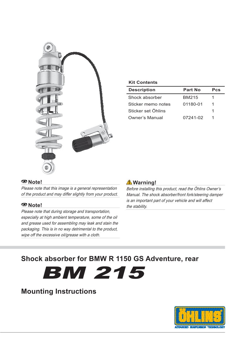 โช๊คหลังแต่ง Ohlins BM215 For BMW R 1150 GS Adventure ปี 2002-2005