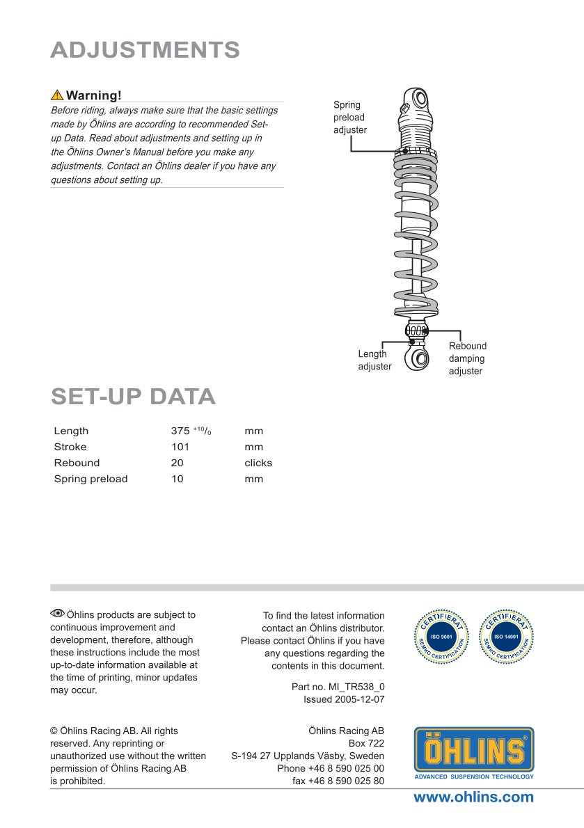 โช๊คหลังแต่ง Ohlins TR538 For Triumph Scrambler 900 ปี 2006-2016