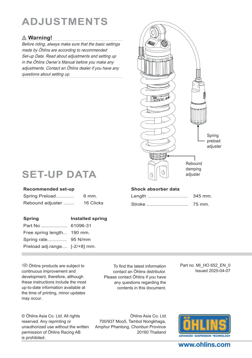 โช๊คหลังแต่ง Ohlins HO652 For Honda XL 750 Transalp ปี 2023-2024
