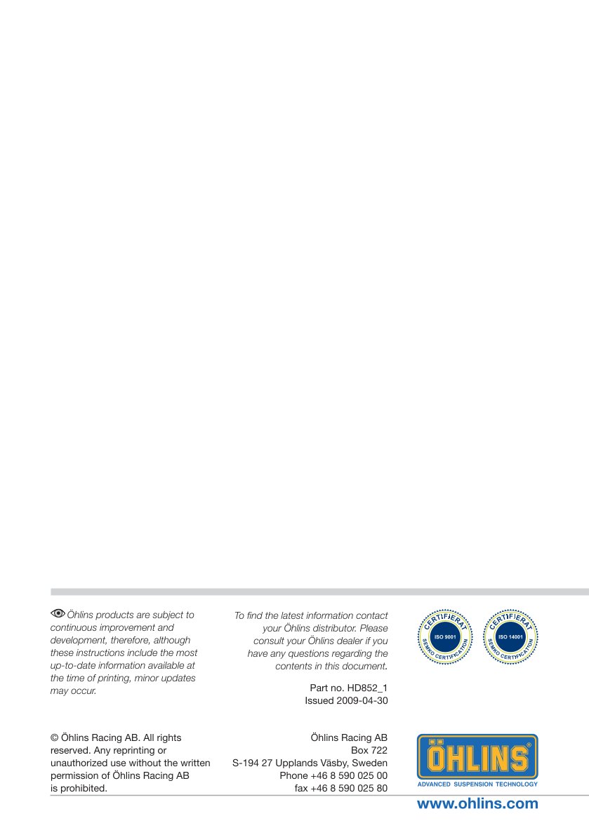 โช๊คหลังแต่ง Ohlins HD852 For Harley-Davidson XR 1200 ปี 2004-2022