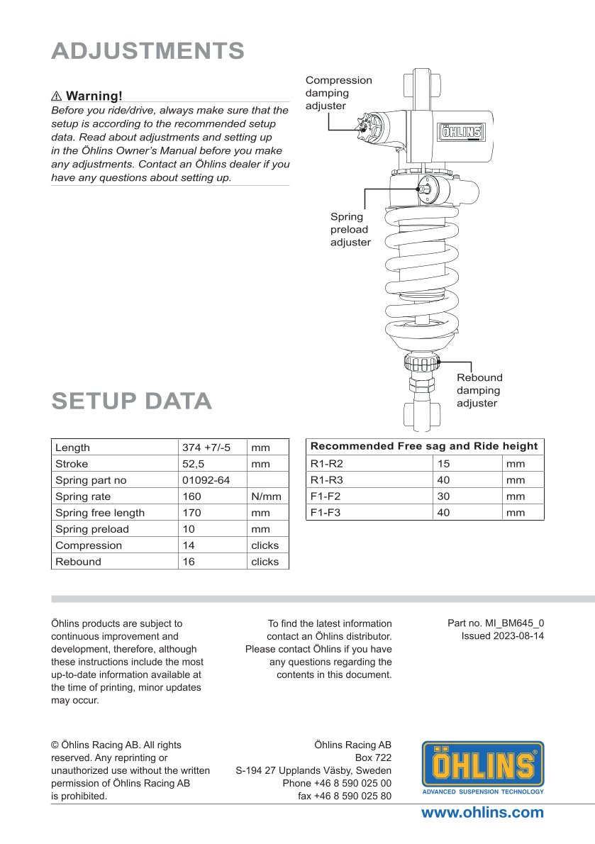 โช๊คหลังแต่ง Ohlins BM645 For BMW R nineT Scrambler ปี 2021-2023