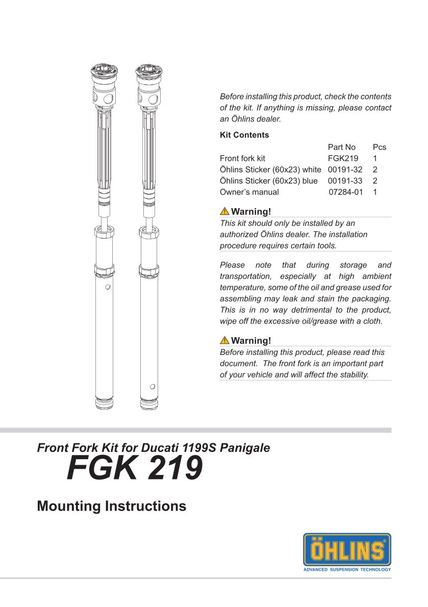 สปริงโช้คหน้า Ohlins FGK219 For Ducati 1199 Panigale S (Öhlins FG 925) 2012-2014