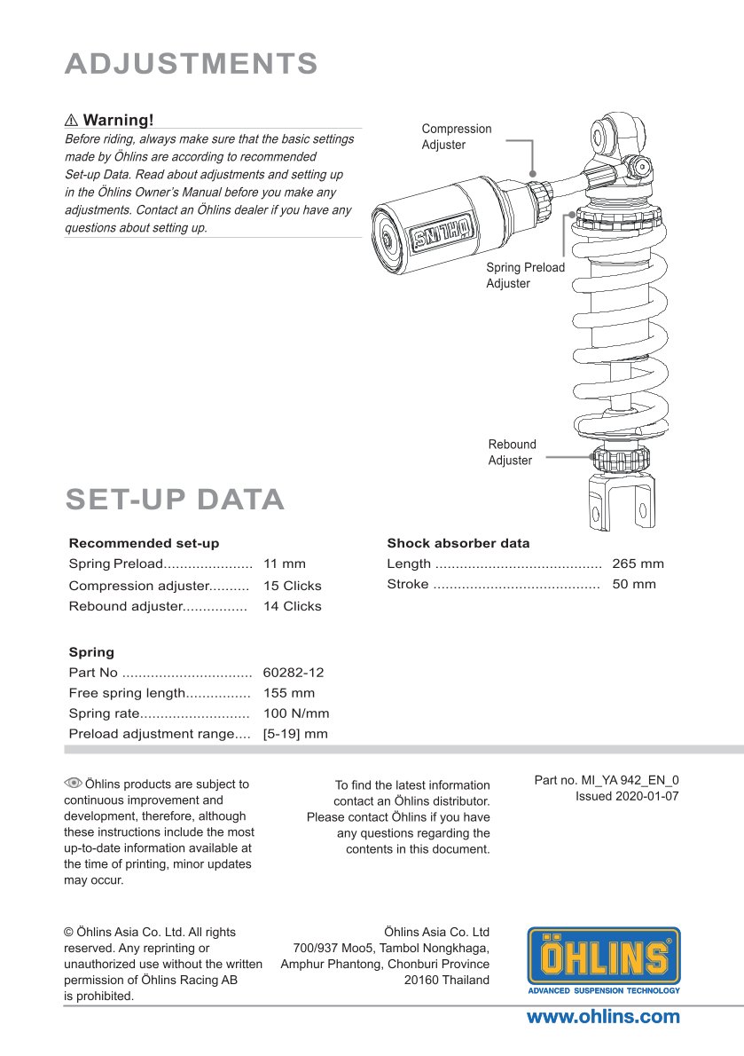 โช๊คหลังแต่ง Ohlins YA942 For Yamaha XSR 155 ปี 2019-2022