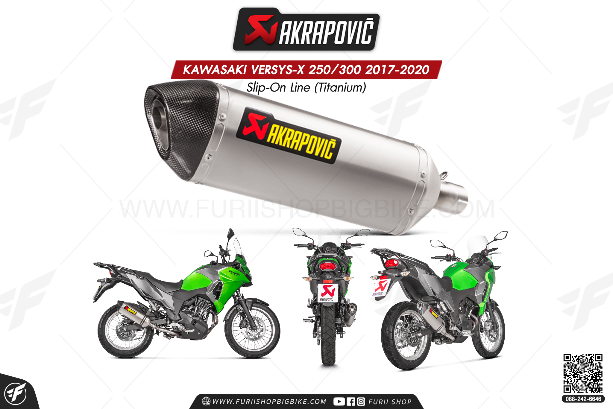 ท่อแต่ง Akrapovic Exhaust Slip-On Line (Titanium) KAWASAKI VERSYS-X 250/300 2017-2020