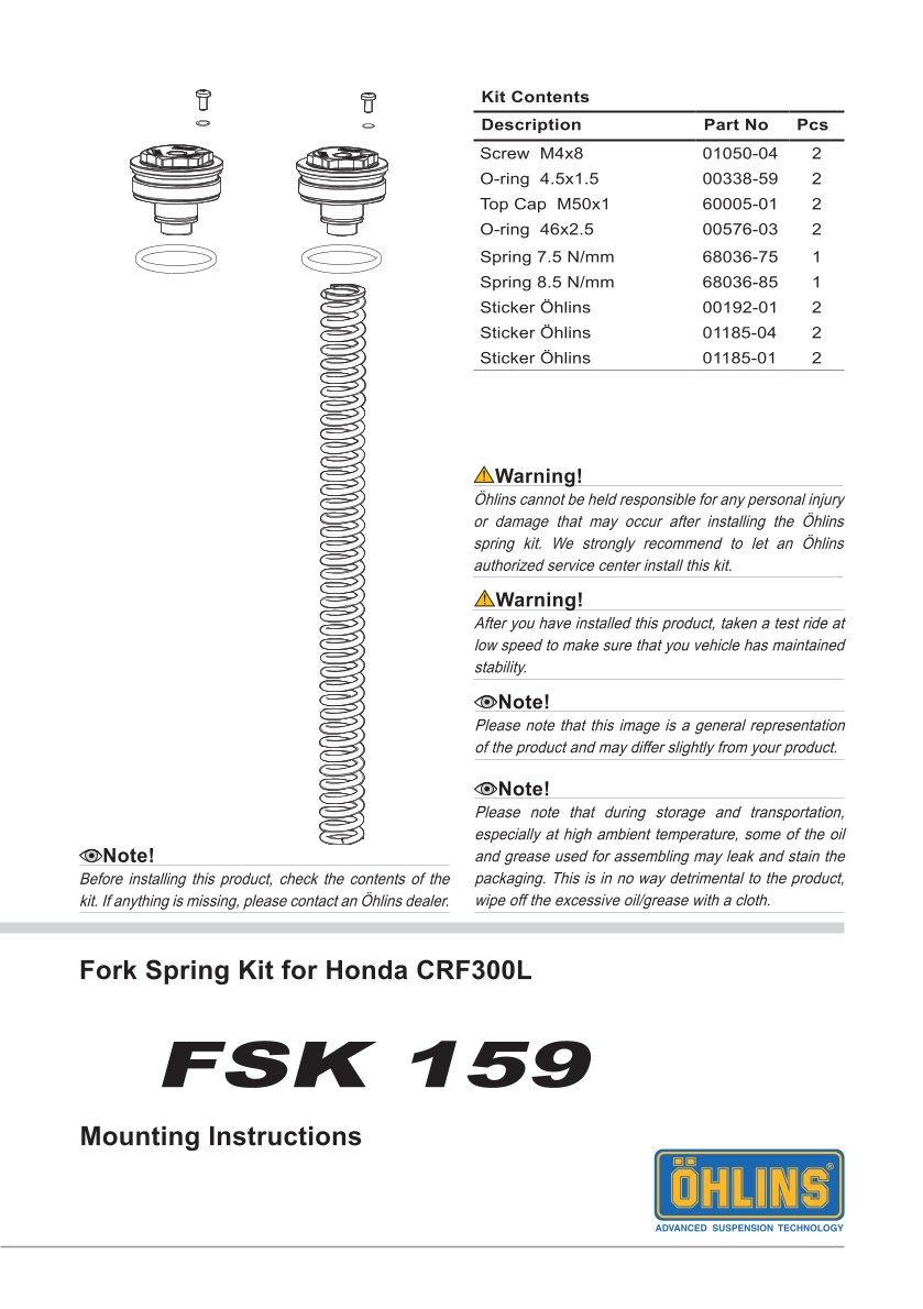 สปริงโช้คหน้า Ohlins FSK159 For Honda CRF300L 2020-2021