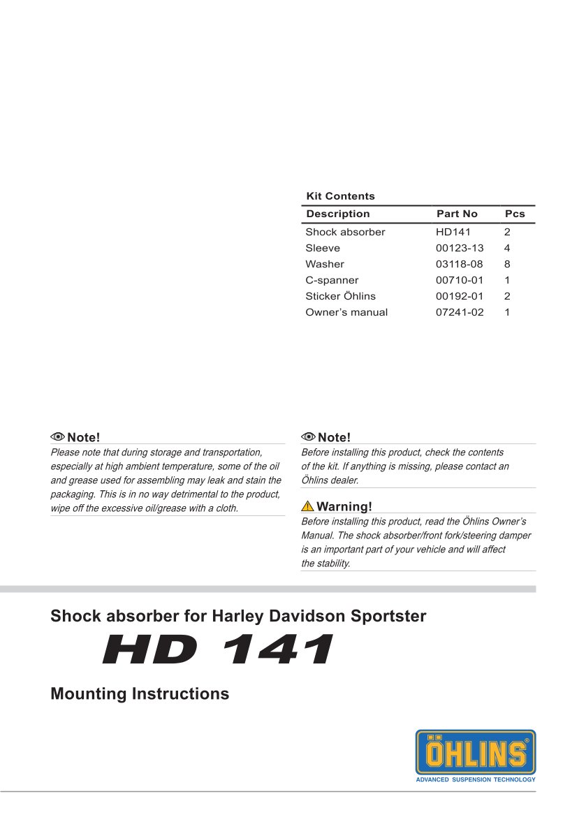 โช๊คหลังแต่ง Ohlins HD141 For Harley-Davidson XL Sportster ปี 2004-2022
