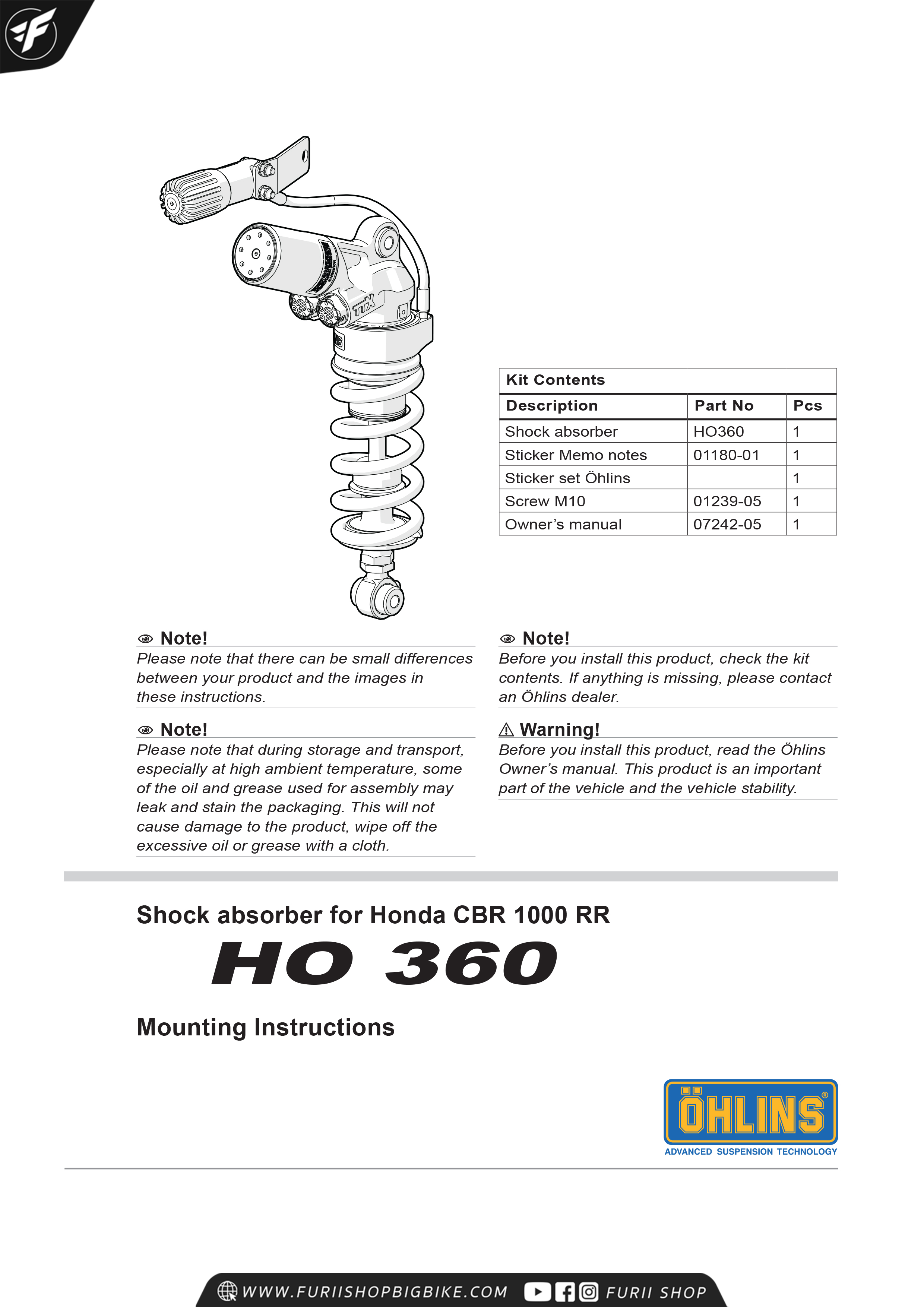 โช๊คหลัง โช๊คอัพ โช๊คแต่ง โช๊คมอเอตร์ไซค์ OHLINS HO360 TTX GP FOR HONDA CBR1000RR 2008-2016