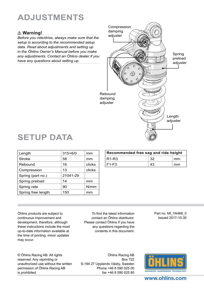 โช๊คหลัง OHLINS Sweden YA468 Yamaha YZF-R1, R1M, MT-10