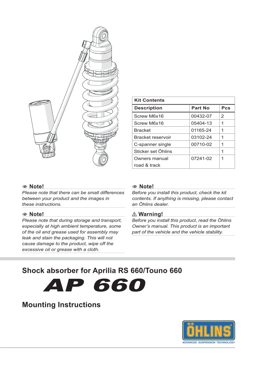 โช๊คหลังแต่ง Ohlins AP660 For Aprilia RS 660 ปี 2021-2022
