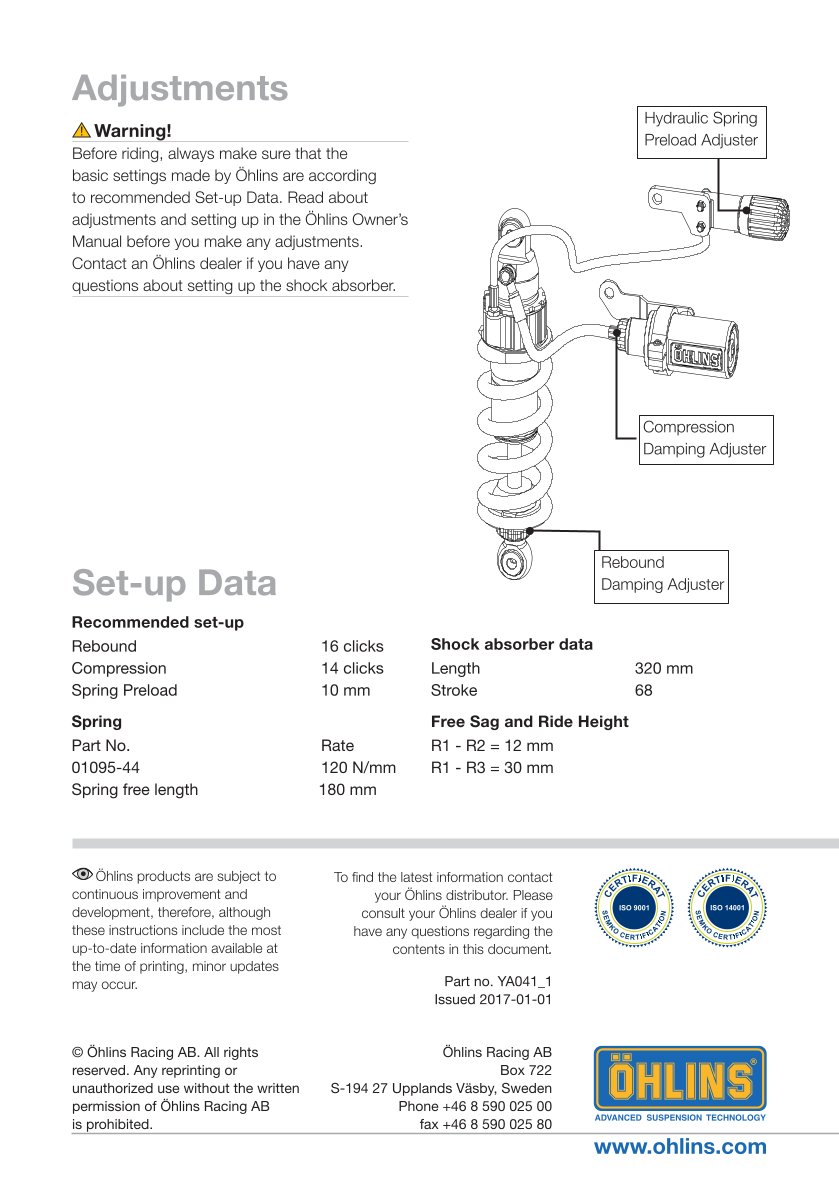 โช๊คหลังแต่ง Ohlins YA041 For Yamaha FZ 1 ปี 2006-2013