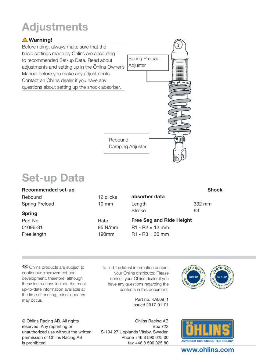 โช๊คหลังแต่ง Ohlins KA009 For Kawasaki Z 750 ปี 2007-2008