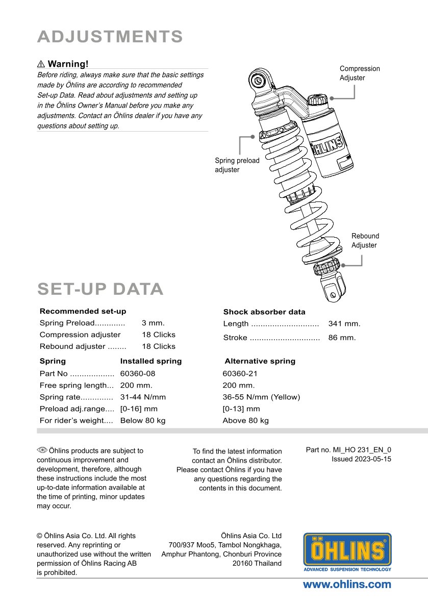 โช๊คหลังแต่ง Ohlins HO231 For Honda Click 160 ปี 2022-2023