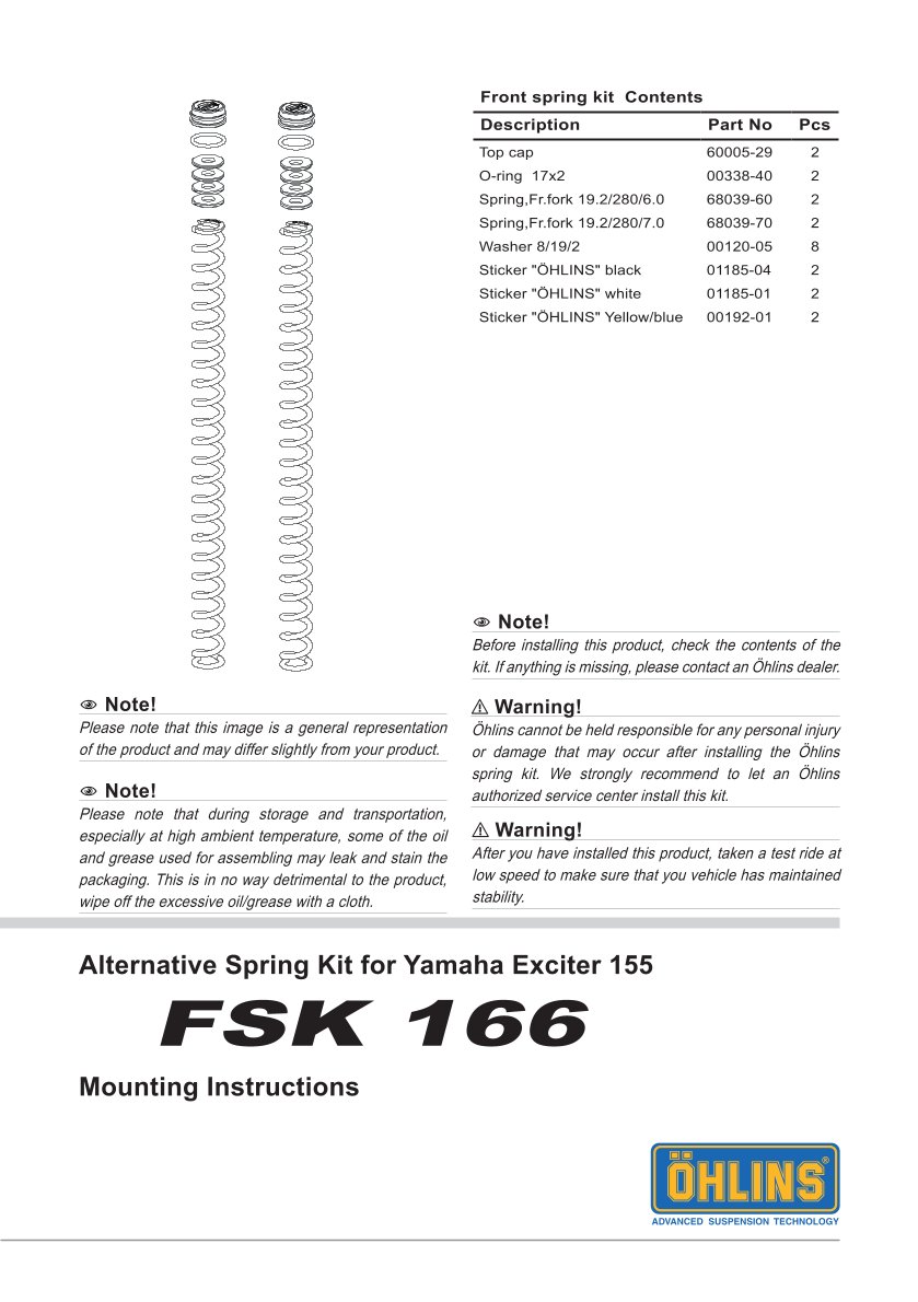 สปริงโช้คหน้า Ohlins FSK166 For Yamaha Exciter 155/Sniper 155/Y16ZR 2021-2022